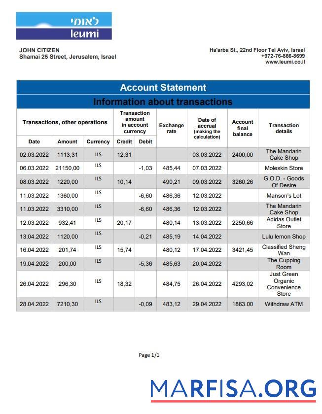 Printable Israel Leumi bank statement word example